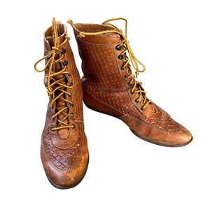 Vintage Woven Leather Lace Up Boots Brown Ankle Granny Boots Boho Size 7